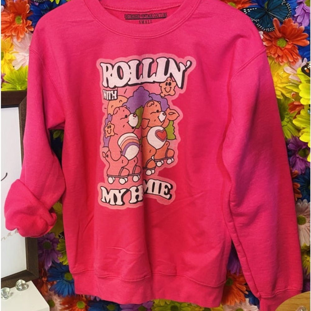 Distressed Vintage Couture- Rolling With My Homies Care Bear Crew Neck.  3x